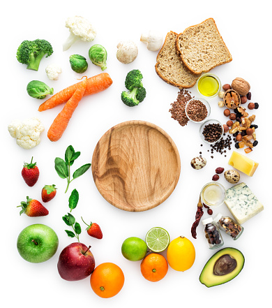 Healty eating, vegatables, fruits, empty wooden plate, clipping path