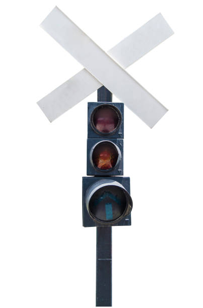 Railroad crossing sign on white background