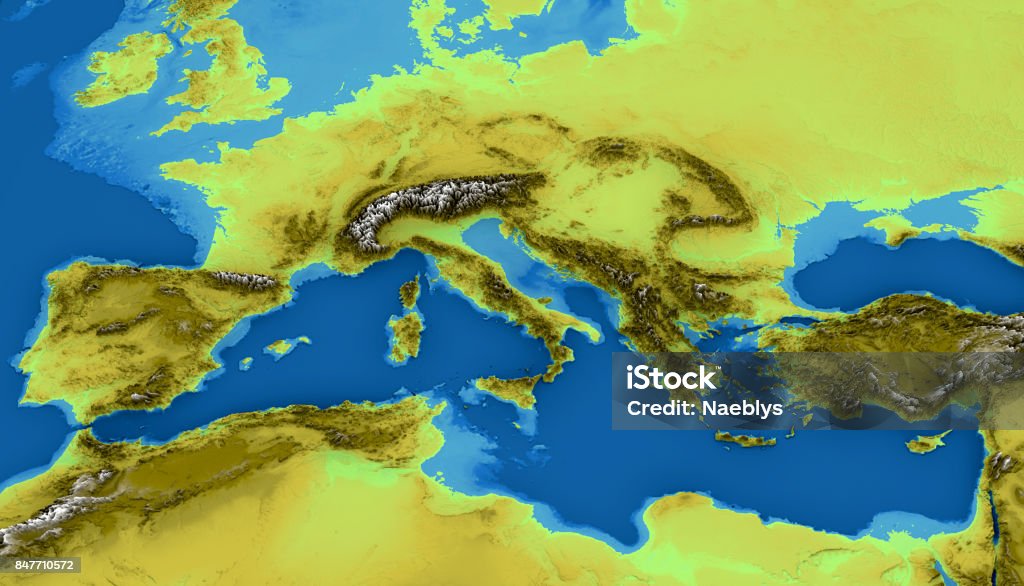 Map of the Mediterranean Sea and Europe, map of heights, sea bottom, Africa and Middle East, 3d rendering. Physical map Map Stock Photo