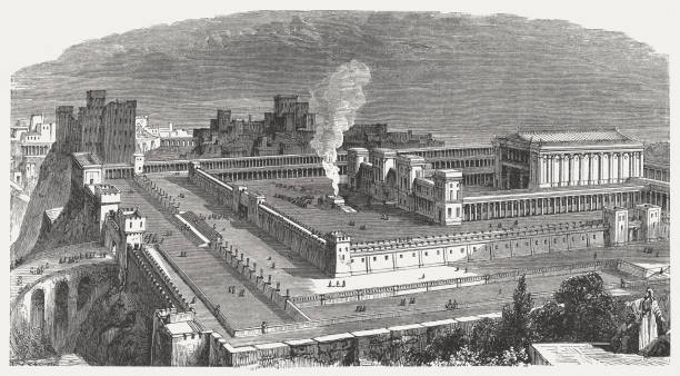 Solomon's Temple in Jerusalem, visual reconstruction, wood engraving, published 1886 Visual reconstruction of Solomon's Temple in Jerusalem. Wood engraving, published in 1886. temple stock illustrations