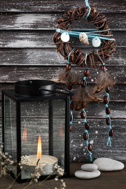 istock Interior decor with dream catcher, lit candle 847713466