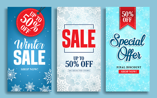 Winter sale vector poster design set with sale text and snow elements in colorful winter background for shopping promotions. Vector illustration.