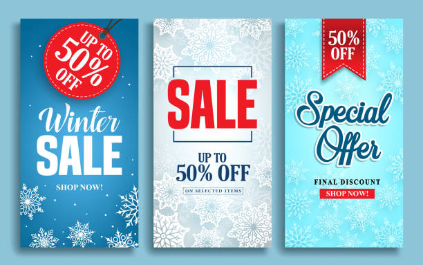 Winter sale vector poster design set with sale text Winter sale vector poster design set with sale text and snow elements in colorful winter background for shopping promotions. Vector illustration. holiday sale stock illustrations