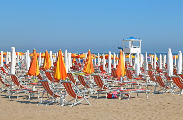 istock Closed sun umbrellas and sunbeds on the luxurious beach sandy be 847714500