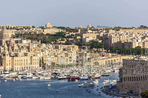 View of the bay with a large number of yachts and boats. The Republic of Malta.