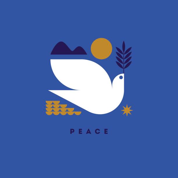 ilustrações de stock, clip art, desenhos animados e ícones de peace day greeting card with flying dove and symbols of hope - hope