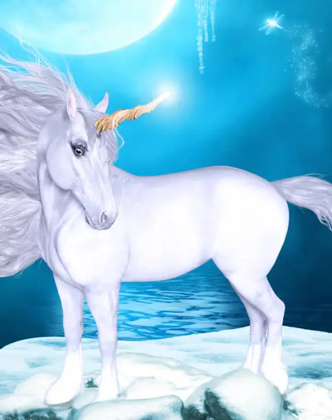 3d illustration of a magical unicorn in an enchanting blue fairy tale scenery of ice, snow and water under a full moon.
