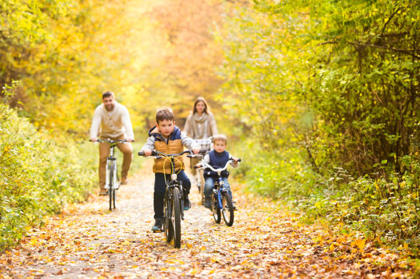 Young family in warm clothes cycling in autumn park Beautiful young family with two sons in warm clothes cycling outside in autumn nature only boys stock pictures, royalty-free photos & images