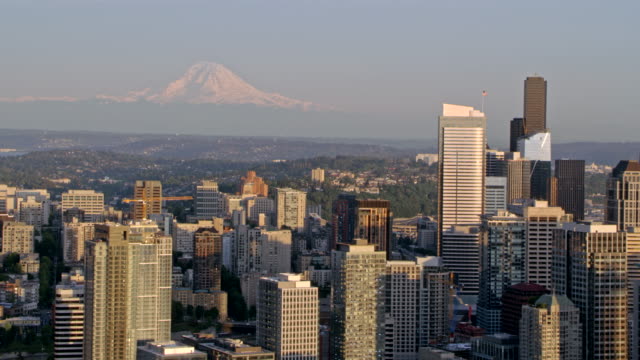 AERIAL Seattle with Mount Rainier in the background