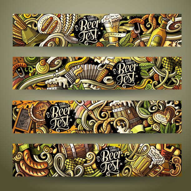 Cartoon cute colorful vector hand drawn doodles Beer fest corporate identity Cartoon cute colorful vector hand drawn doodles Beer fest corporate identity. 4 horizontal Beer Fest banners design. Templates set beer brands stock illustrations