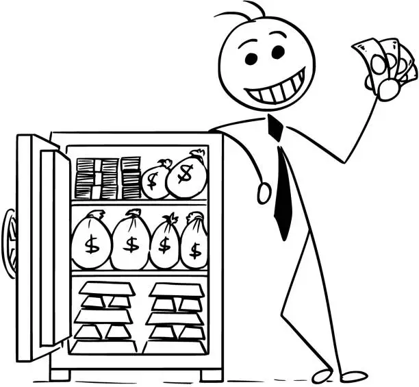 Vector illustration of Cartoon Illustration of Happy Business Man Posing with Vault Full of Money and Gold