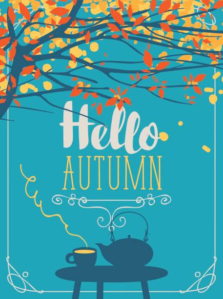 ilustrações de stock, clip art, desenhos animados e ícones de autumn landscape with cup and kettle on the table - coffee backgrounds cafe breakfast