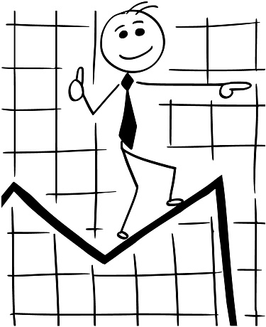Cartoon stick man conceptual illustration of smiling business man businessman walking on graph chart line expecting great future and ignoring the near fall.