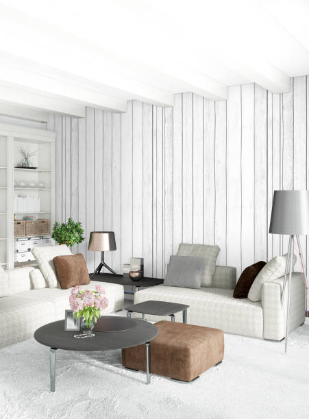 istock White bedroom minimal style Interior design with wood wall and grey sofa. 3D Rendering. 3D illustration 847766800