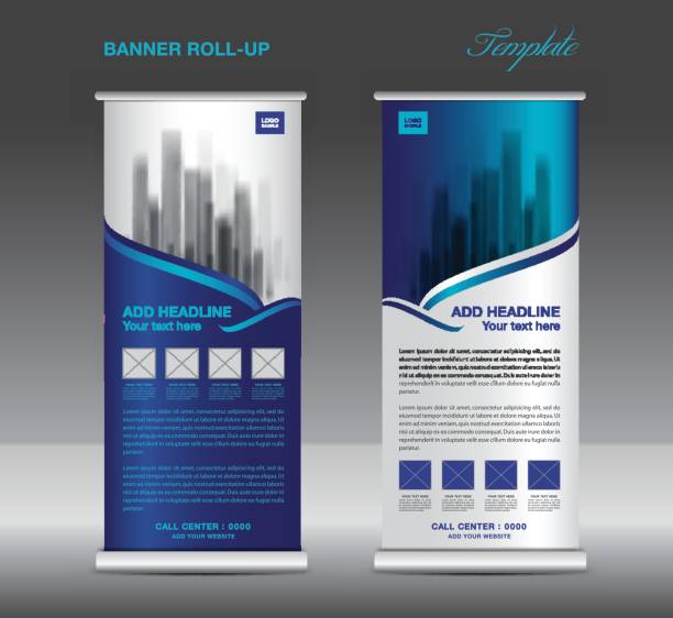 illustrazioni stock, clip art, cartoni animati e icone di tendenza di blue roll up banner modello vettore, volantino, pubblicità, x-banner, poster, pull up design, display, illustrazione vettoriale layout - sleeve rolling rolled up rolled up sleeves