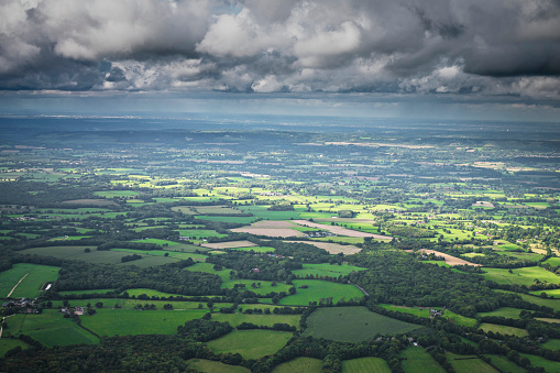Panorama over english countryside on a cloudy day.