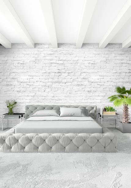 istock White bedroom minimal style Interior design with wood wall and grey sofa. 3D Rendering. 3D illustration 847771220
