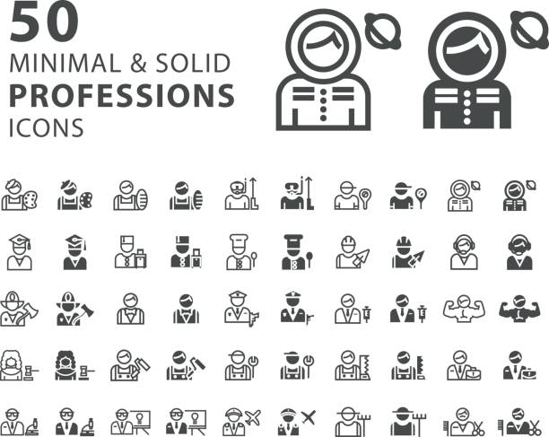 Set of 50 Professions Minimal and Solid Icons on White Background Isolated Vector Elements farmer symbols stock illustrations