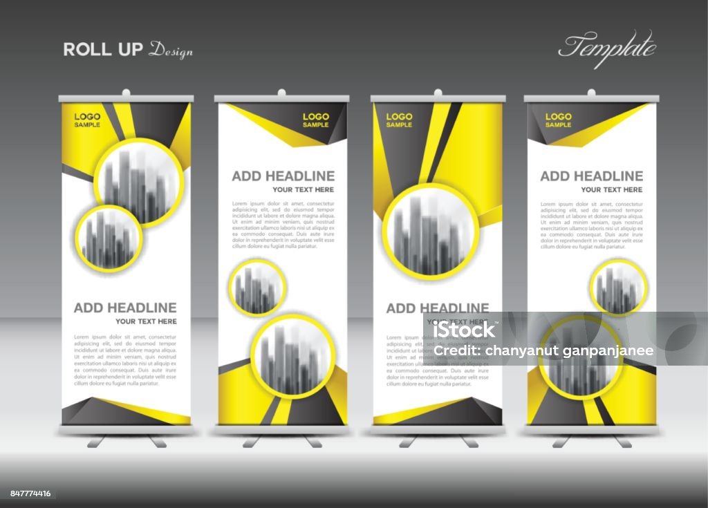 Yellow Roll up banner template vector, flyer, advertisement, x-banner, poster, pull up design, display, layout vector illustration Advertisement stock vector