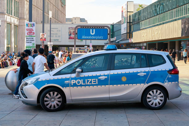 Berlin, Germany – August 08, 2017: Mobile police station to increase police presence and as a point of contact for crime victims at the Alexanderplatz in Berlin
