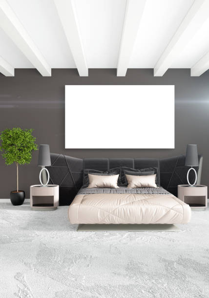 istock White bedroom minimal style Interior design with wood wall and grey sofa. 3D Rendering. 3D illustration 847782118