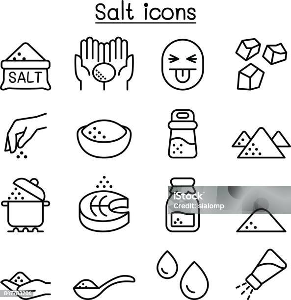 Salt Icon Set In Thin Line Style Stock Illustration - Download Image Now - Salt - Seasoning, Salt - Mineral, Salt Shaker