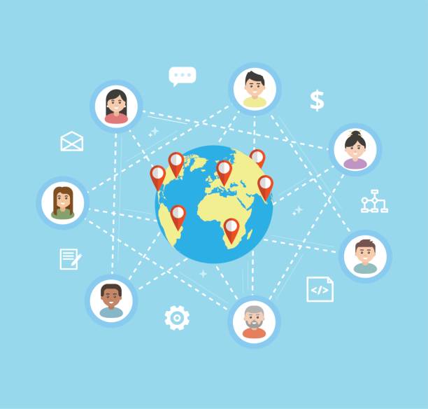 ilustrações de stock, clip art, desenhos animados e ícones de international teamwork - vector flat illustration. remote team work on a common project, freelance concept. workers icons are linked around the globe. - globe occupation working world map