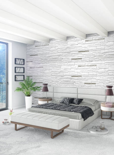istock White bedroom minimal style Interior design with wood wall and grey sofa. 3D Rendering. 3D illustration 847790814
