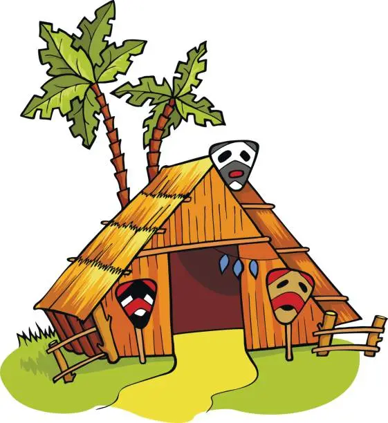 Vector illustration of Vector cartoon illustration of an African huts of the natives decorated with traditional masks