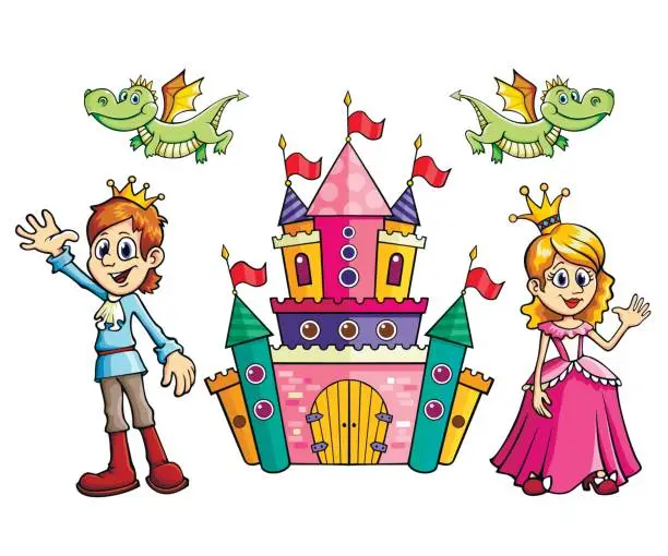 Vector illustration of Cartoon set in vector Prince, Princess, castle and dragon