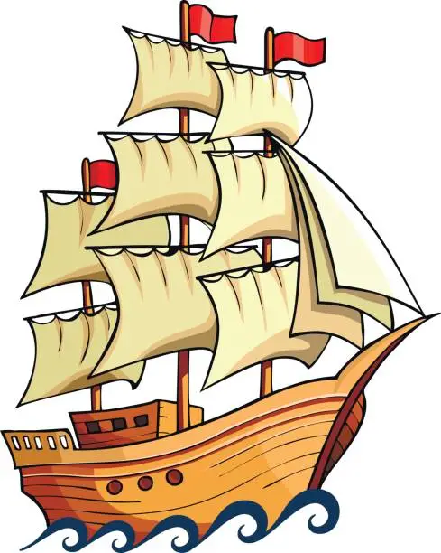 Vector illustration of Vector cartoon illustration depicting old sailing ship floating on the waves of the blue sea.