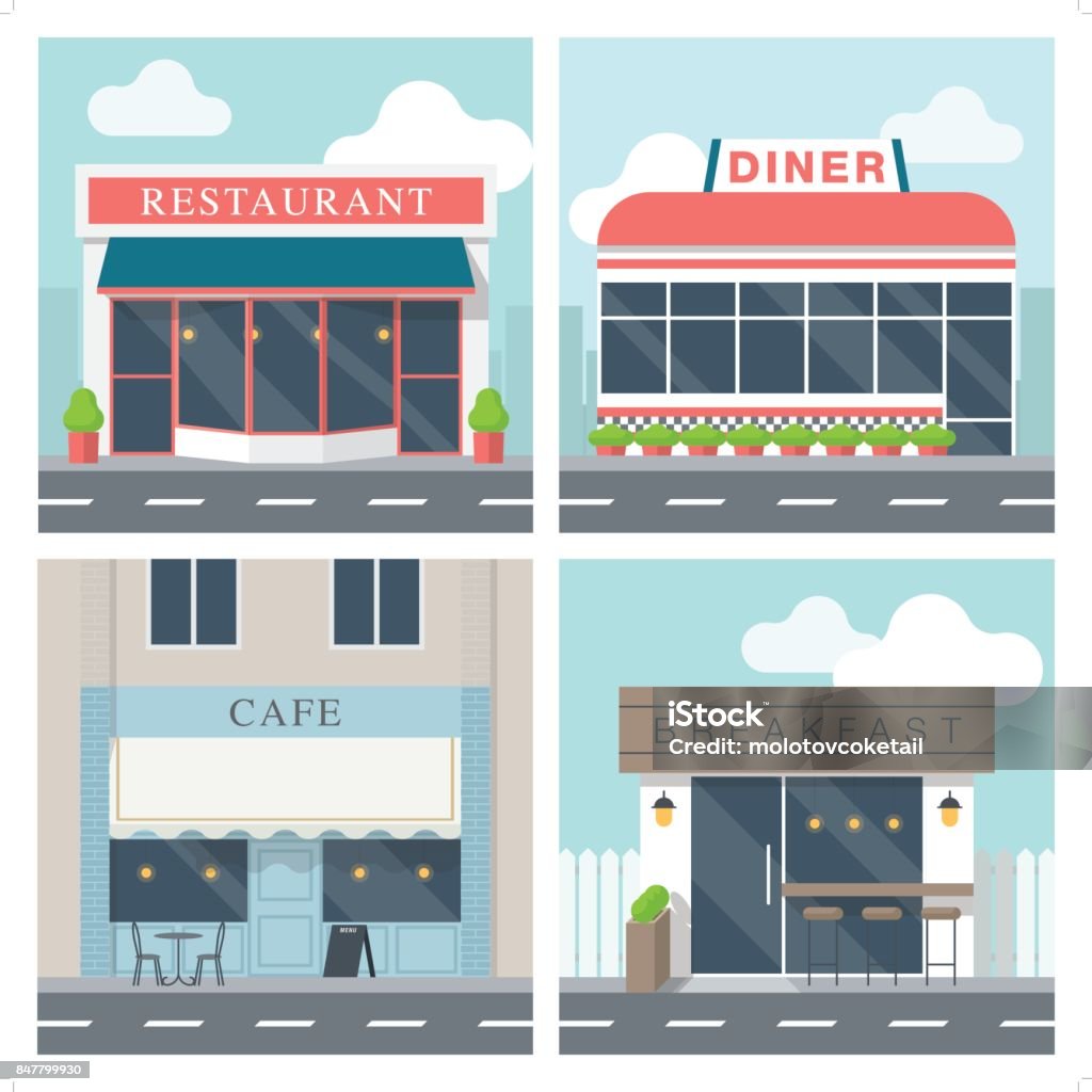4 simple exterior illustration of restaurant building A set of 4 simple exterior illustration of restaurant building in different styles. Restaurant stock vector