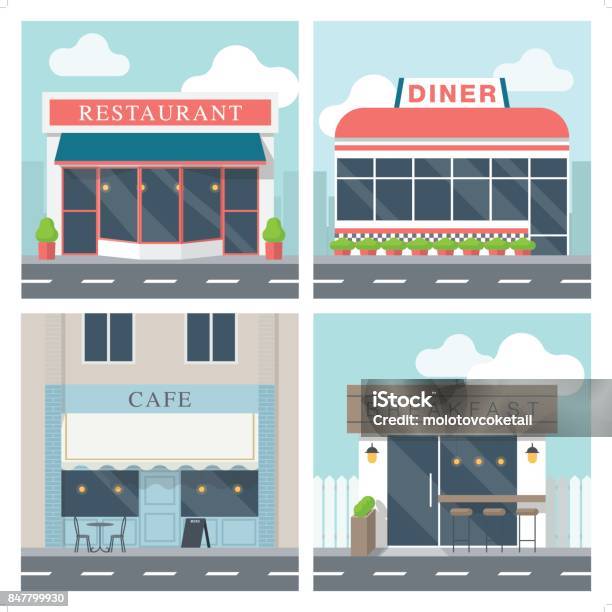 4 Simple Exterior Illustration Of Restaurant Building Stock Illustration - Download Image Now