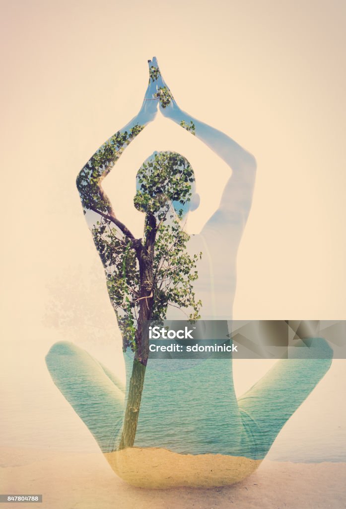 Double Exposure Beach Yoga A double exposure of a woman in a yoga position and a tree on a beach. Yoga Stock Photo
