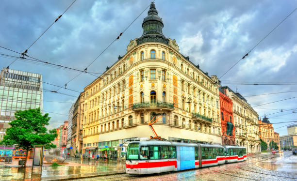 City tram in the old town of Brno, Czech Republic City tram in the old town of Brno - Moravia, Czech Republic moravian silesian beskids photos stock pictures, royalty-free photos & images