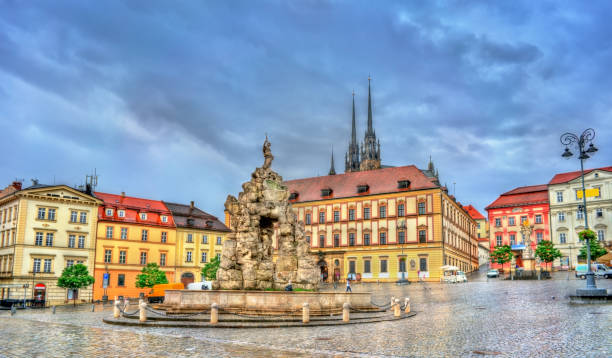 fontana di parnas in piazza zerny trh nel centro storico di brno, repubblica ceca - czech republic foto e immagini stock