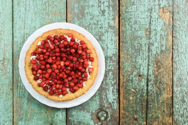 Tart with wild forest strawberries and cottage cheese on shabby turquoise boards copyspace above view with copyspace