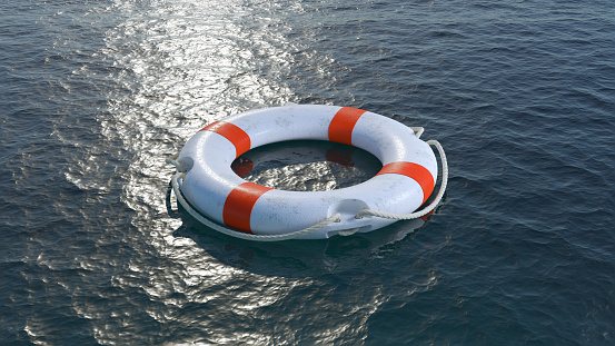White Lifebuoy in sea. 3d render