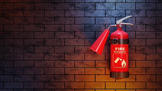 Red fire extinguisher on brick wall. 3d concept