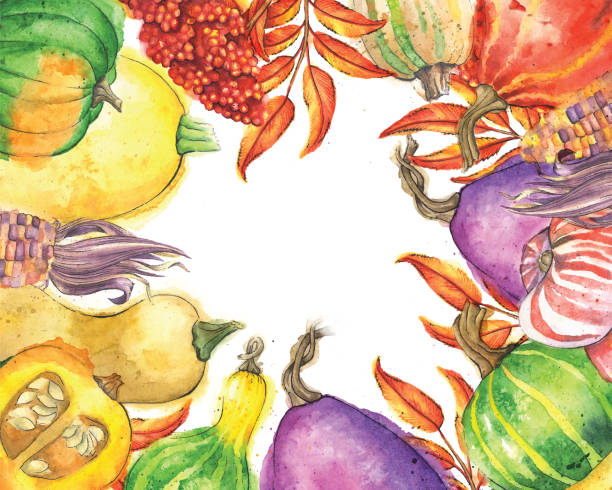 ilustraciones, imágenes clip art, dibujos animados e iconos de stock de verduras de otoño y borde de hoja con copia espacio - cosechar ilustraciones
