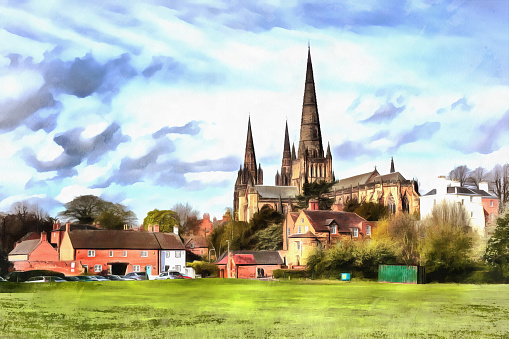 Colorful painting of Lichfield Cathedral, Lichfield, Staffordshire, UK