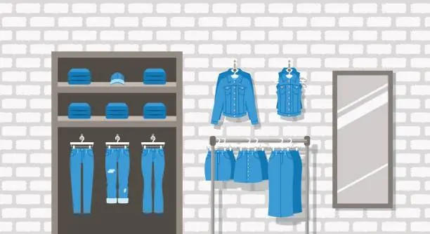 Vector illustration of Jeans clothes shop indoor interior flat background