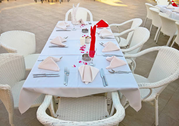 istock Outdoor wedding festive table with white table clothe. 847860618