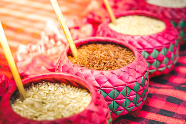 red rice purple bowl background whole grain rice various types of rice