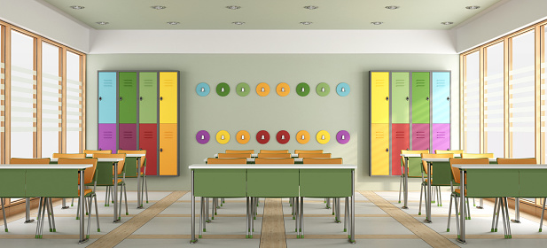 Modern colorful classroom with lockers and hangers - 3d rendering\n