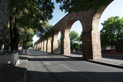 Morelia, Michoacan, Mexico - 2012: View of the city's old aqueduct.