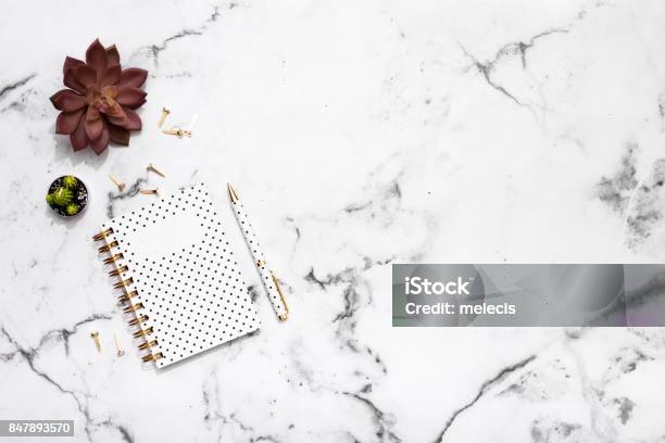 Notepad And Pen On Marble Table Top Stock Photo - Download Image Now - Backgrounds, Blank, Blogging