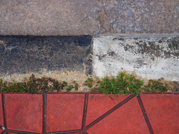istock Red tile footpath floor, old black white border, dirty paved road, horizontal pattern 847899236