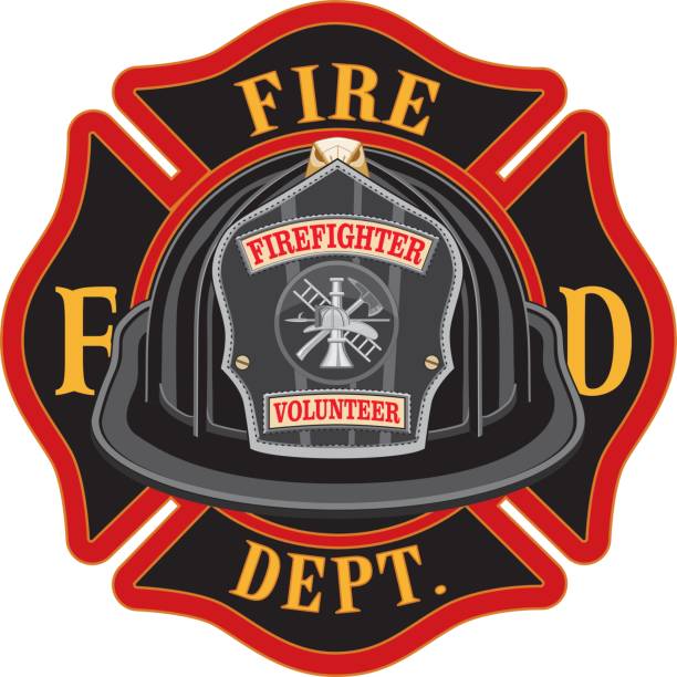 Fire Department Cross Volunteer Black Helmet Fire Department Cross Volunteer Black Helmet is an illustration of a fireman or firefighter Maltese cross emblem with a black volunteer firefighter helmet and badge in the foreground. Great for t-shirts, flyers, and websites. firefighter shield stock illustrations