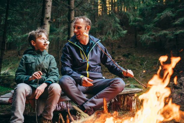 istock Father and son roast marshmallow candies on the campfire in forest 847923532